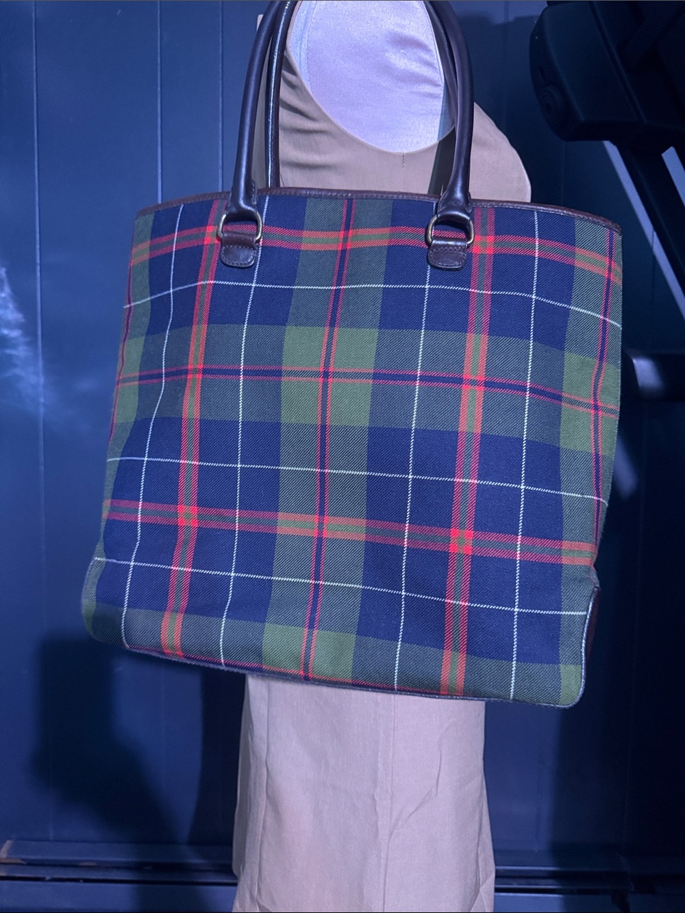J. Crew Green/Navy/Red Plaid Canvas Tote with Leather Handles